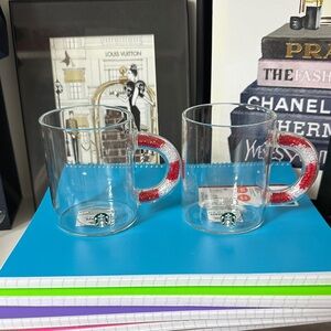 Starbucks Glass Mugs with Red and White Handles